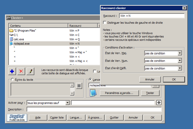 Clavier+ permet d’associer n’importe quel raccourci clavier à une action, y compris en utilisant des touches peu utilisées comme la touche Windows.