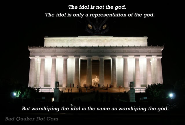 The idol is not the god. The idol is only a representation of the god. But worshiping the idol is the same as worshiping the god.