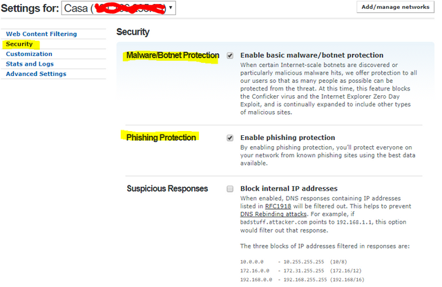 La pestaña security de OpenDNS, bloquear botnets y phising en tu casa muy facilmente