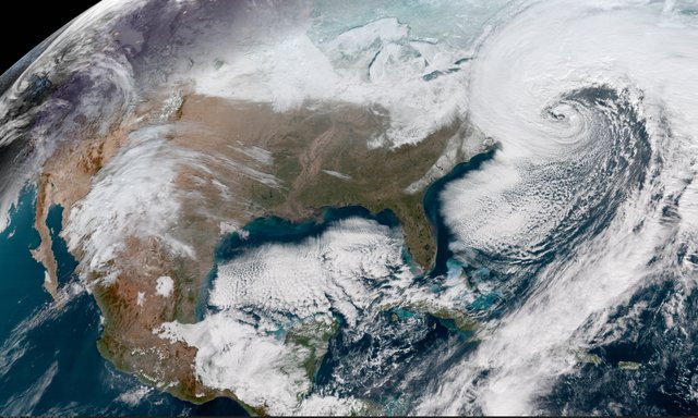 This Geocolor image from NOAA's GOES-16 satellite captures the deepening storm off the East coast of the United States on Jan. 4, 2018, at 16:22 UTC. The powerful nor'easter is battering coastal areas with heavy snow and strong winds, from Florida to Maine.