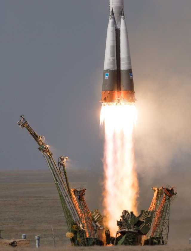 The Soyuz MS-09 rocket is launched with Soyuz Commander Sergey Prokopyev of Roscosmos and astronauts Serena Auñón-Chancellor of NASA and Alexander Gerst of ESA on June 6, 2018.