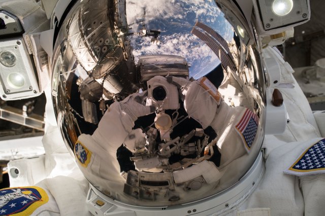 Astronaut Ricky Arnold took this selfie during the May 16, 2018, spacewalk.