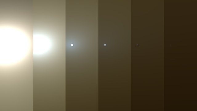 Science operations for NASA's Opportunity rover have been temporarily suspended as it waits out a dust storm on Mars. This series of images shows simulated views of a darkening Martian sky blotting out the Sun from NASA's Opportunity rover's point of view,.