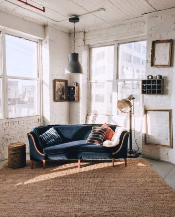 navy blue velvet sofa paired with an industrial chic loft. / sfgirlbybay