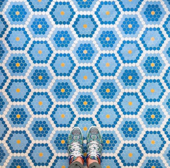 sneakers on blue hexagon tile floors at maison aleph. / sfgirlbybay