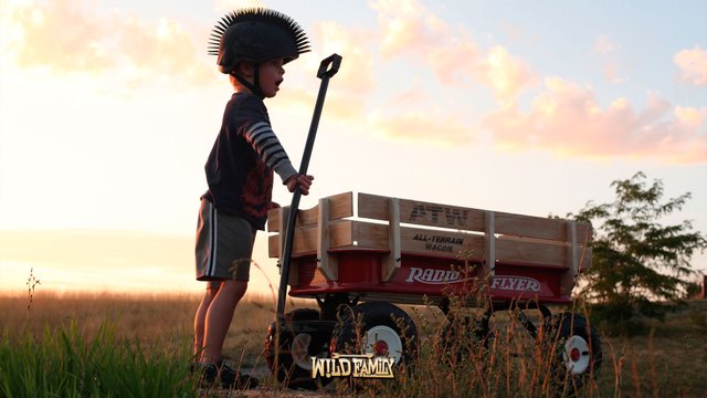 boy with Radio Flyer wagon at sunset