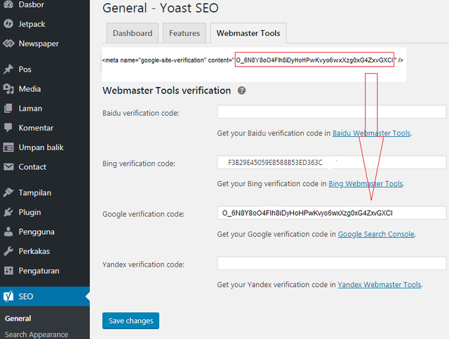 Webmaster Google Tools - verifikasi dengan Yoast SEO