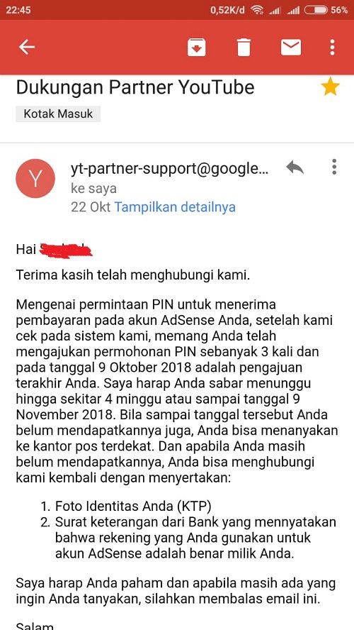 Email dukungan partner YouTube untuk verifikasi Pin Google AdSense