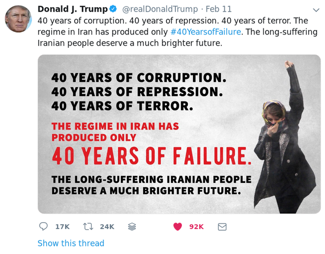 Trump's #40YearsofFailureTweet featuring a photo Moayeri originally took
