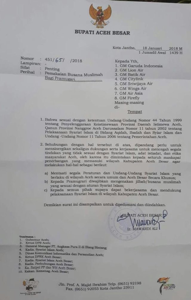 Surat dari Bupati Aceh Besar Kepada GM Maskapai Penerbangan di Aceh