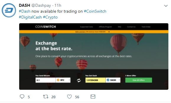 DASH available on CoinSwitch