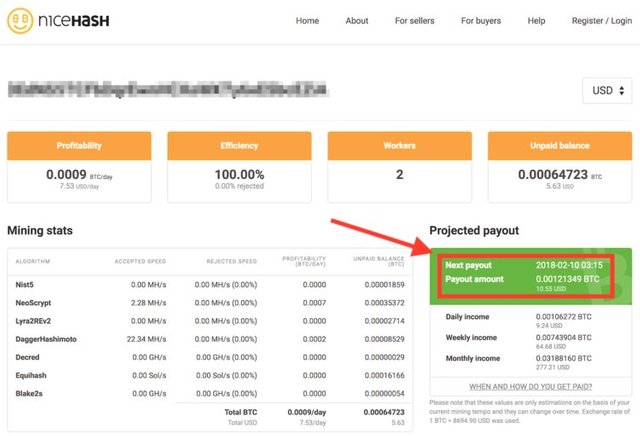 You can check your mining stats on Nicehash's website.