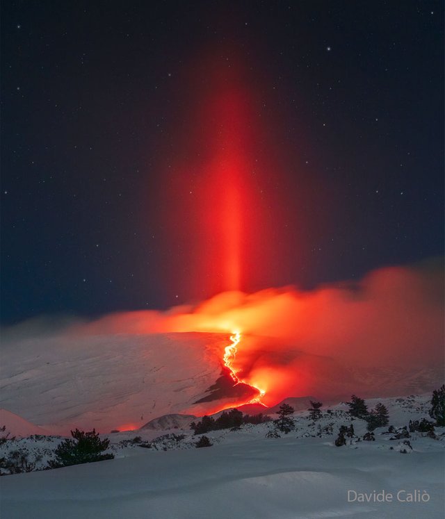 Light Pillar over Erupting Etna