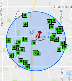 map showing search radius