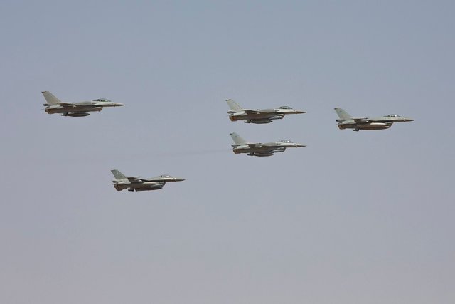 Typhoon aircraft lead a flypast during the Exercise Saif Sareea 3 firepower demonstration.