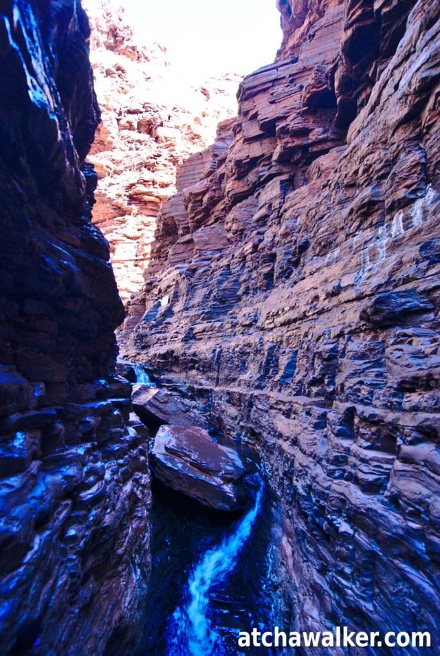 Nous explorons la gorge en suivant le cours d’eau, émerveillé par ce décor irréel, j’en oublie que le sol mouillé est extrêmement glissant et me croûte lamentablement...heureusement sans casse corporelle, ni matérielle. Tous ça pour trouver le bon angle pour une photo. Est-ce que ça en valait la peine ? Absolument! Weano Gorge - Karijini National Park