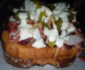 More Cowbell, NFL, Cincinatti Ohio, Barbecue Smoke, Grill BBQ, Sandwich, Horseradish, Green Bell Peppers, Onions, Provolone Cheese, Football Nerd Spicy
