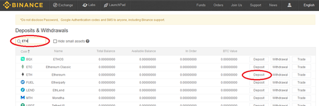 Deposit Ethereum into Binance