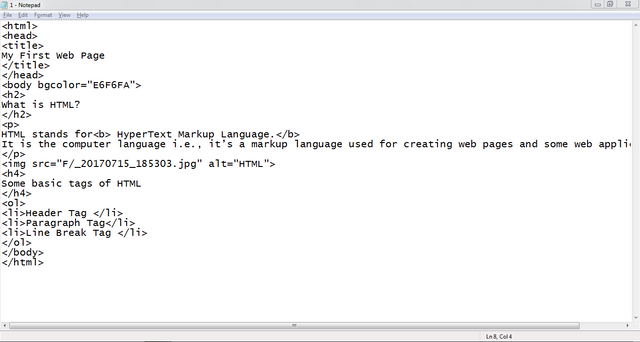 HTML Code in Notepad editor
