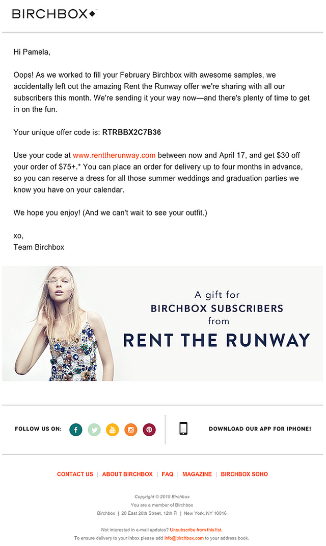 Email marketing campaign on a co-marketing promotion by Birchbox