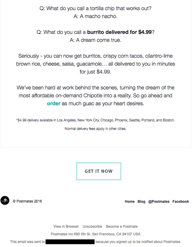 Email marketing campaign on a new burrito menu by Postmates
