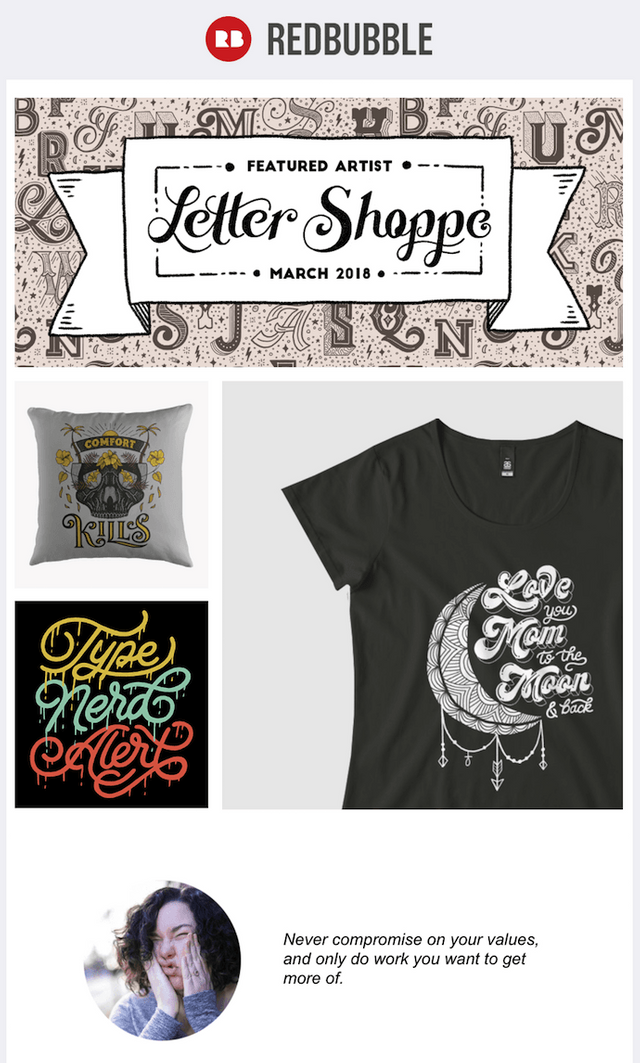 Email marketing campaign called Featured Artist by Redbubble