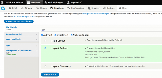 Aktivierung des Layout Builder Moduls in Drupal 8.5