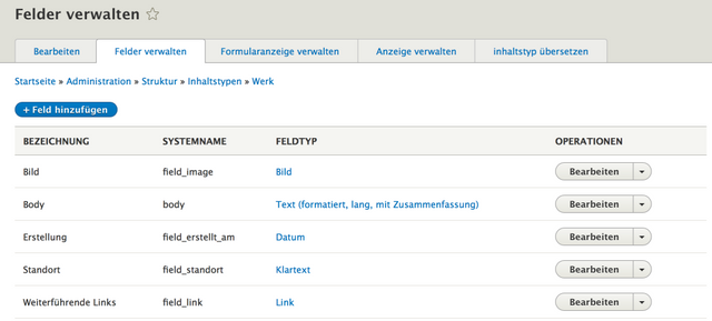 Felder in einem Inhaltstyp