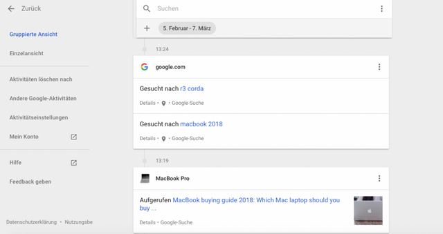 Gespeicherte Aktivität auf Google