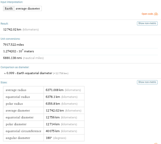 Wolfram Alpha - Durchmesser der Erde