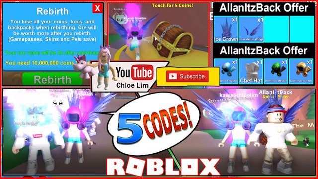 Roblox Gameplay Mining Simulator My Rebirth Vip And 5 Codes Steemit - codes all new codes items and skins roblox mining simulator