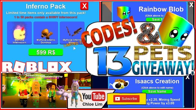 Roblox Gameplay Mining Simulator Inferno Pack 5 New Codes 13 Rainbow Blob Giveaway Steemit - roblox mining simulator codes youtube tokens