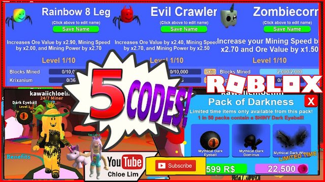 Roblox Gameplay Mining Simulator 5 New Codes New Twitch Codes Darkness Pack Loud Warning Steemit - codes for roblox mining simulator dominus