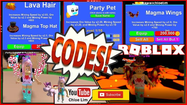 Roblox Gameplay Mining Simulator 4 New Codes Lava Wold Lava Hair Magma Wings Magma Top Hat And Party Pet Steemit - roblox removed party