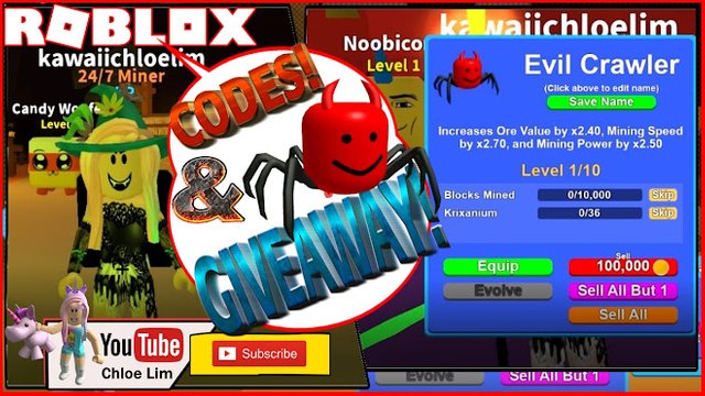 Roblox Gameplay Mining Simulator Gifts Update 4 New Codes 5 Evil Crawler Giveaway Loud Warning Steemit - 10 000 roblox ids for you