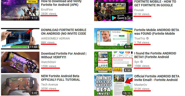 the videos offered tutorials recommending android users to install a few other apps to unlock the fortnite game if downloaded the malicious apps - fortnite mobile android download without human verification