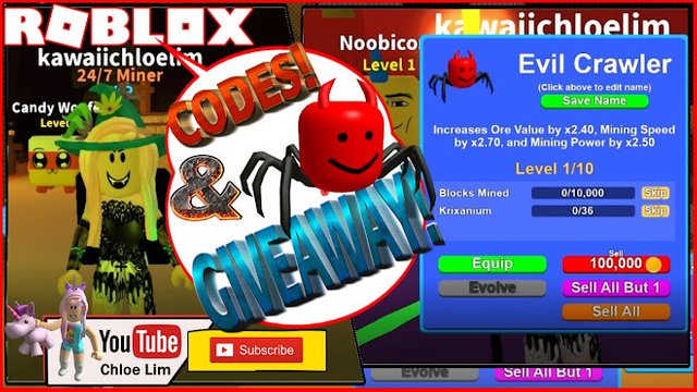 Roblox Gameplay Mining Simulator Gifts Update 4 New Codes 5 Evil Crawler Giveaway Loud Warning Steemit - all twitch codes in mining simulator roblox