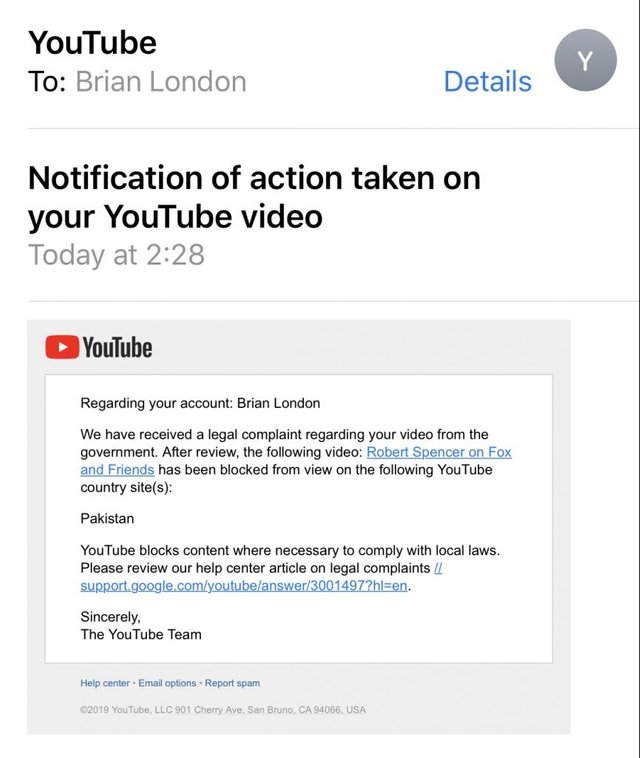 Banned in Pakistan email from YouTube