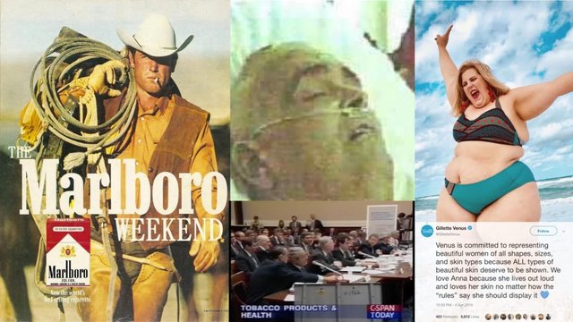 The Marlboro Man, The Marlboro man dying, cigarette industry denying health effects and Gillette venus promoting deadly obesity.