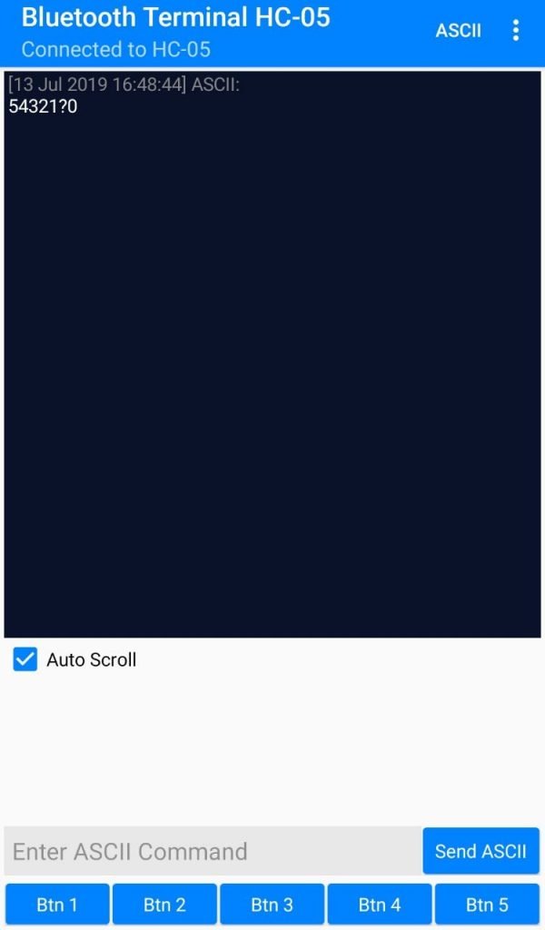 Screenshot of the mobile app recieving bluetooth data