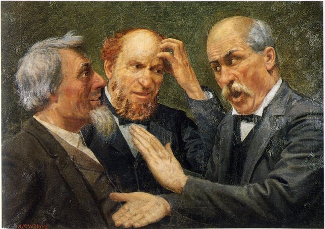 Three Men Talking, attributed to AM Willard