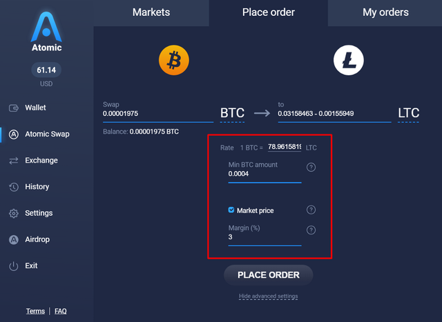 Market order in Atomic Wallet UI