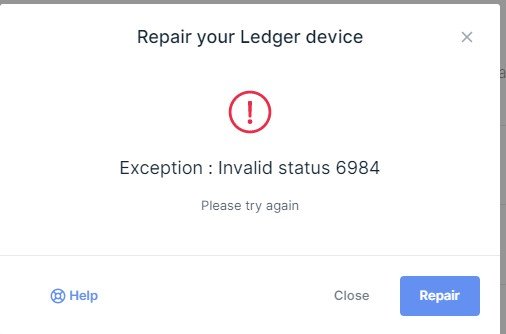 Source: [https://www.reddit.com/r/ledgerwallet/comments/ejmqxp/invalid_status_6984/](https://www.reddit.com/r/ledgerwallet/comments/ejmqxp/invalid_status_6984/)