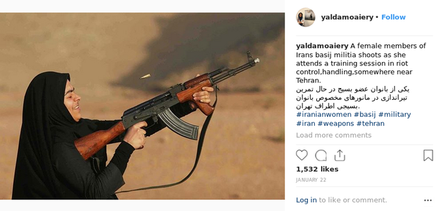 Moayeri’s Instagram post featuring a Basij militia-woman shooting an AK-47 type assault rifle