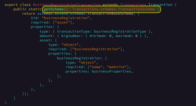 Custom fields schema definition. [Link To Source Code](https://github.com/KovacZan/custom-transaction/blob/master/src/transactions/BusinessRegistrationTransaction.ts#L15)