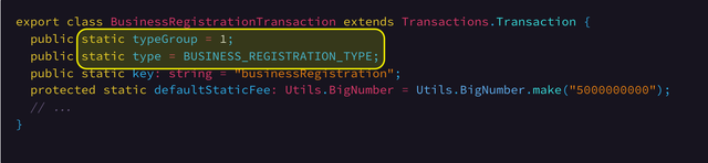 Type group and transaction type definition. [Link To Source Code](https://github.com/KovacZan/custom-transaction/blob/master/src/transactions/BusinessRegistrationTransaction.ts#L10-L11)