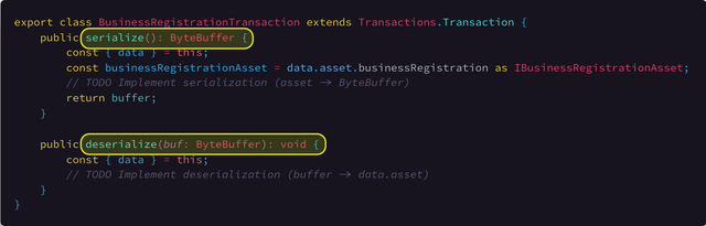 Implementation of abstract methods in our new class. [Link To Source Code](https://github.com/KovacZan/custom-transaction/blob/master/src/transactions/BusinessRegistrationTransaction.ts#L48)