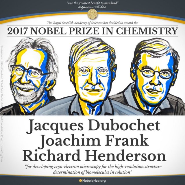 Kimyo bo’yicha 2017-yil Nobel mukofoti laureatlari: Jak Debyushe (Jacques Dubochet). Yoahim Frank (Joachim Frank) va Richard Henderson (Richard Henderson)