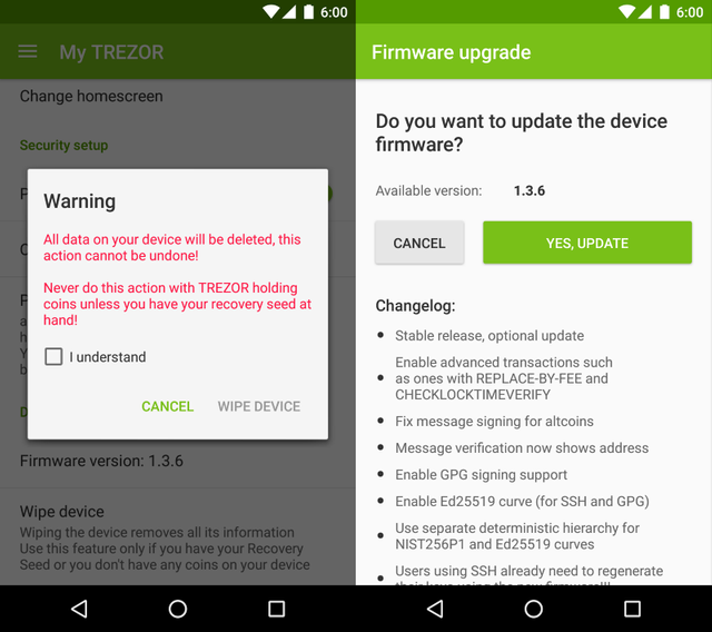 Left: Wipe Device Prompt; Right: Firmware Upgrade