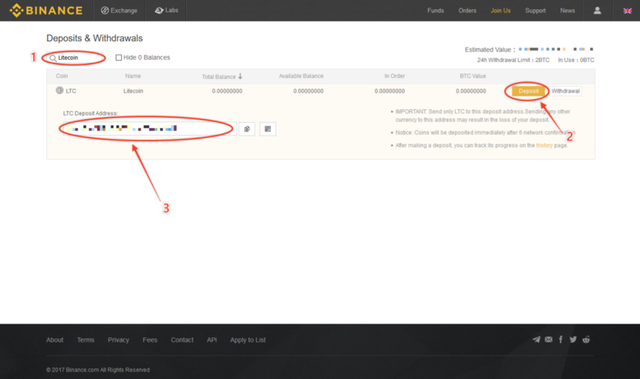 Binance Deposit/Withdrawal Page